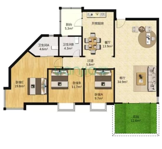 Apartment with small private garden and all living spaces facing south.